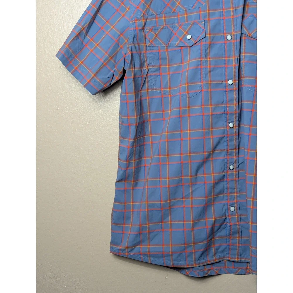 Stio Pearl Snap Shirt Mens Large Blue Orange Plaid Short Sleeve Hiking #2338